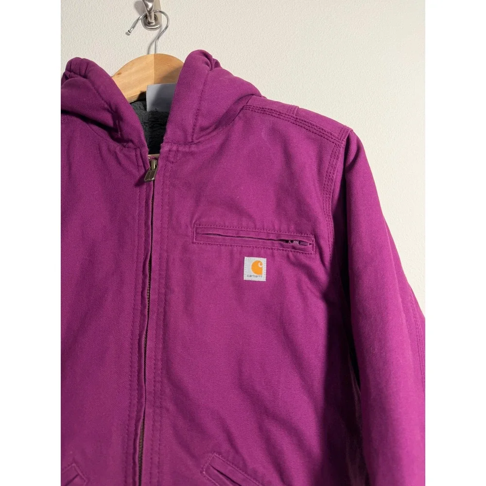 Carhartt Hooded Jacket Kids Size 14 Purple Sherpa Lined‎ Canvas Active Work Coat